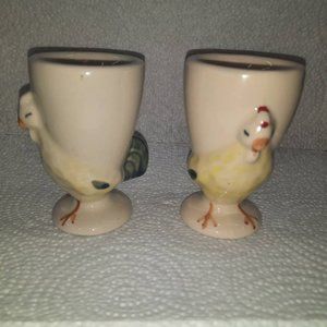 Vintage rooster folk egg holders cups pair